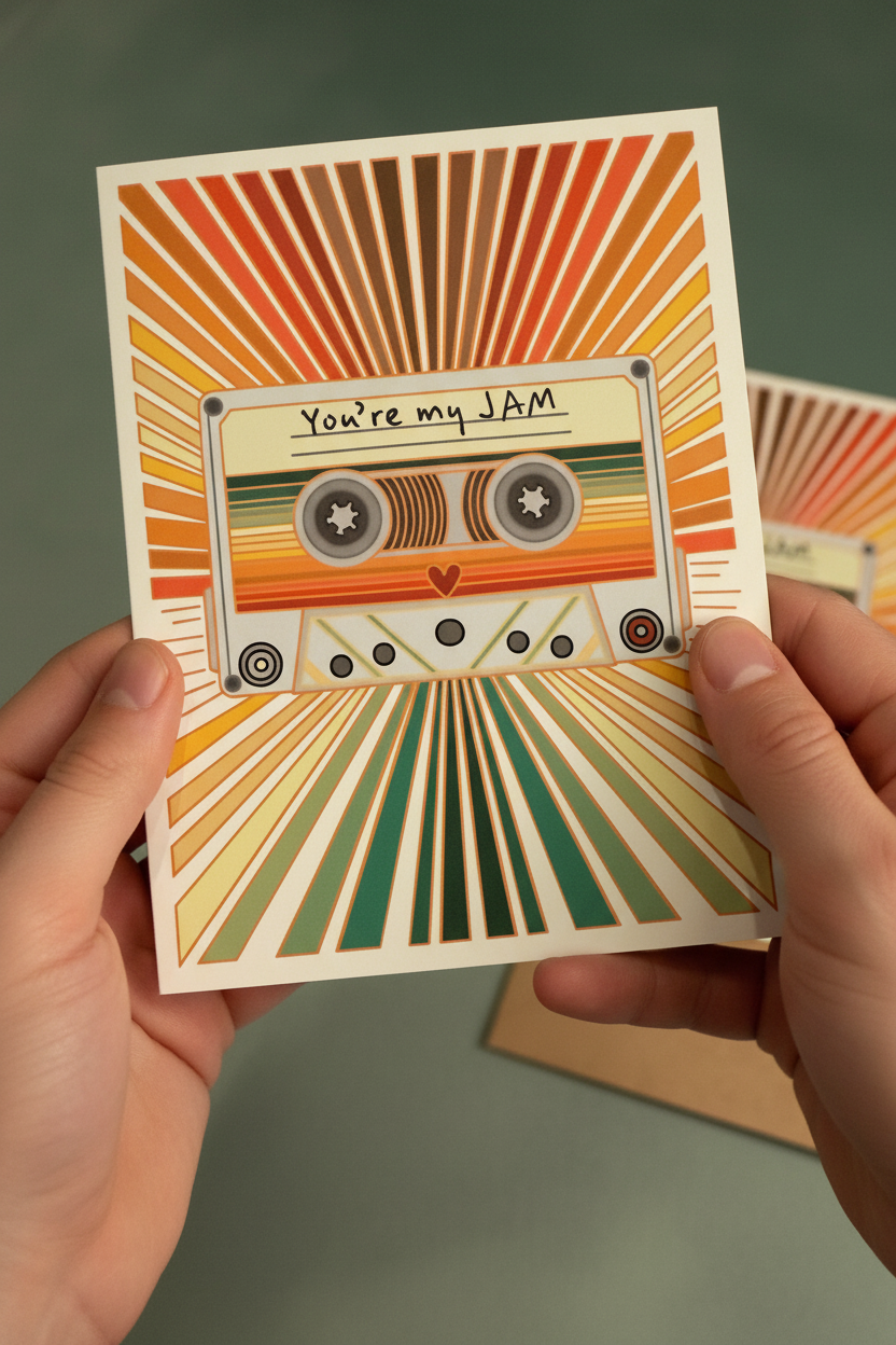 Person holding a retro style greeting card with a cassette tape drawing and the words "you're my jam" on the front. 
 jam band greeting card