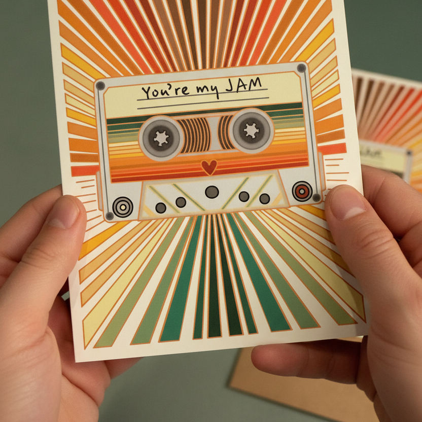 Person holding a retro style greeting card with a cassette tape drawing and the words "you're my jam" on the front. 
 jam band greeting card