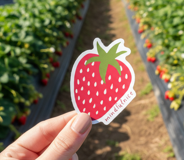 Hand holding a strawberry-shaped sticker in a strawberry field.