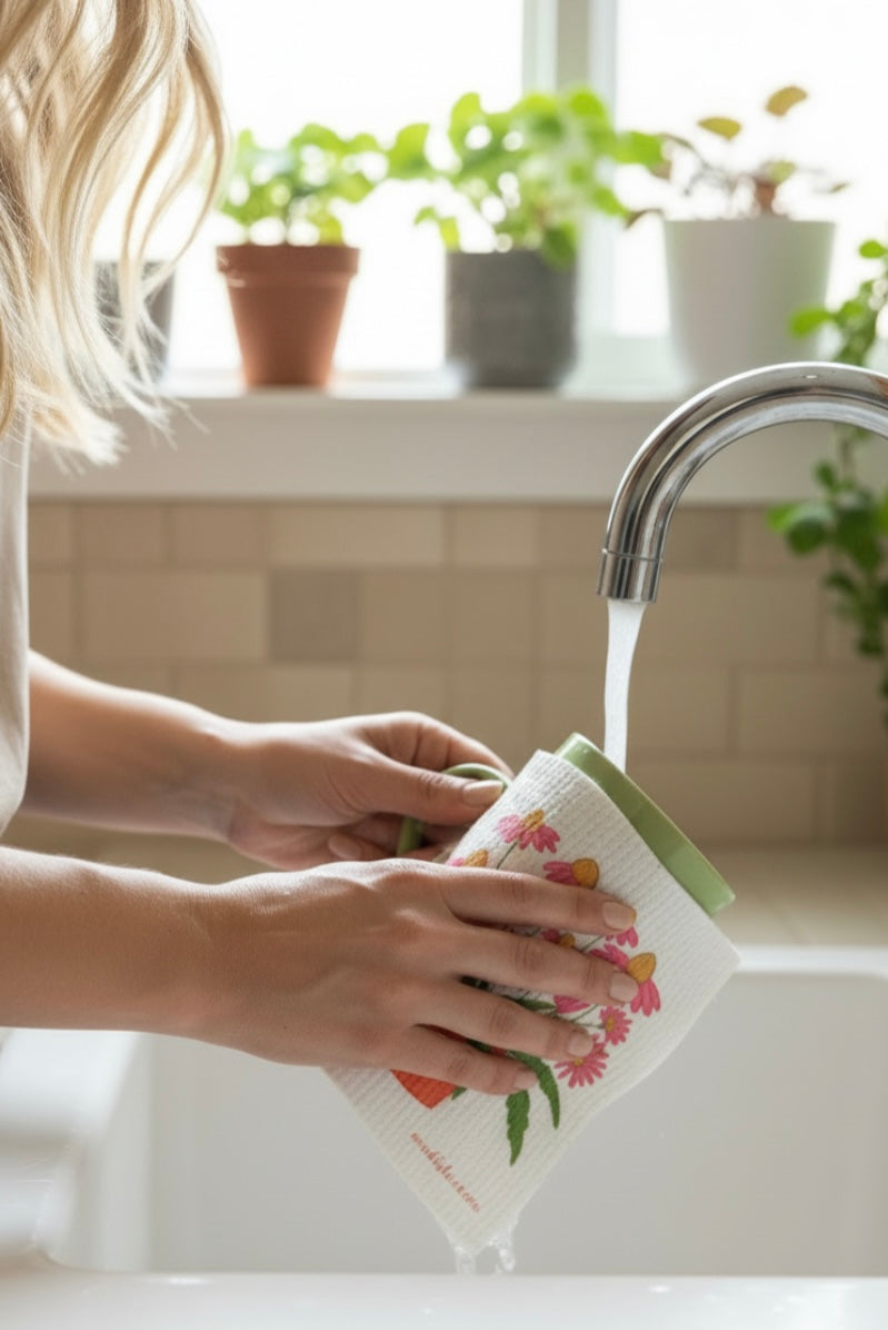 Person washing a floral towel under running water in a kitchen sink with plants in the background.