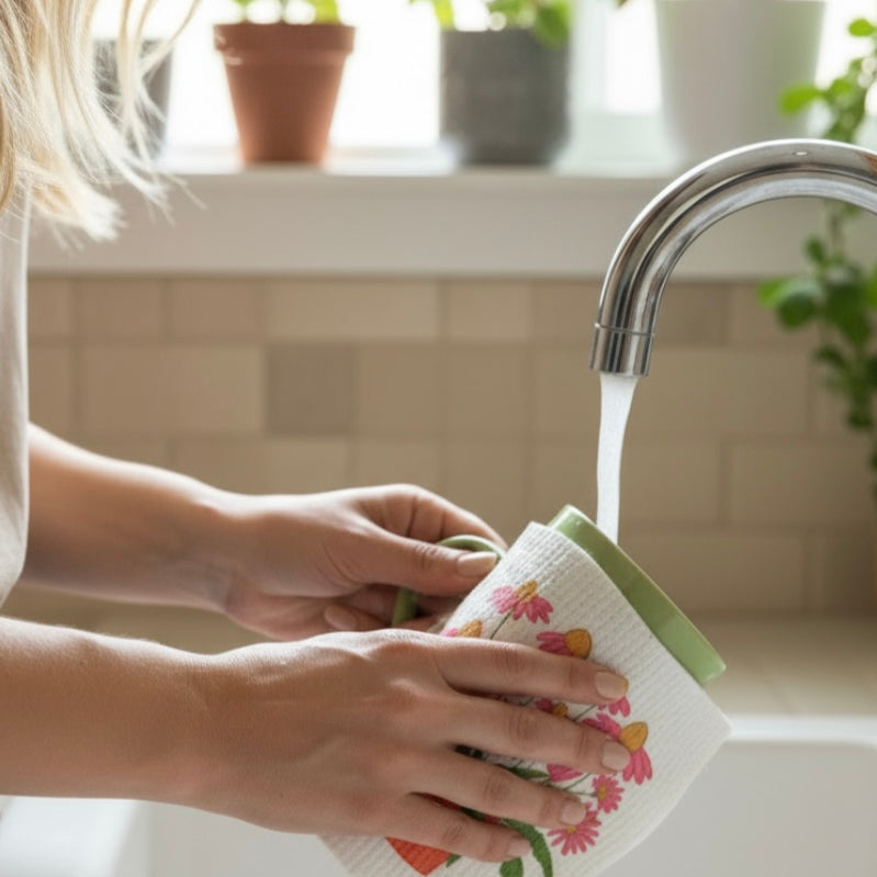 Person washing a floral towel under running water in a kitchen sink with plants in the background.